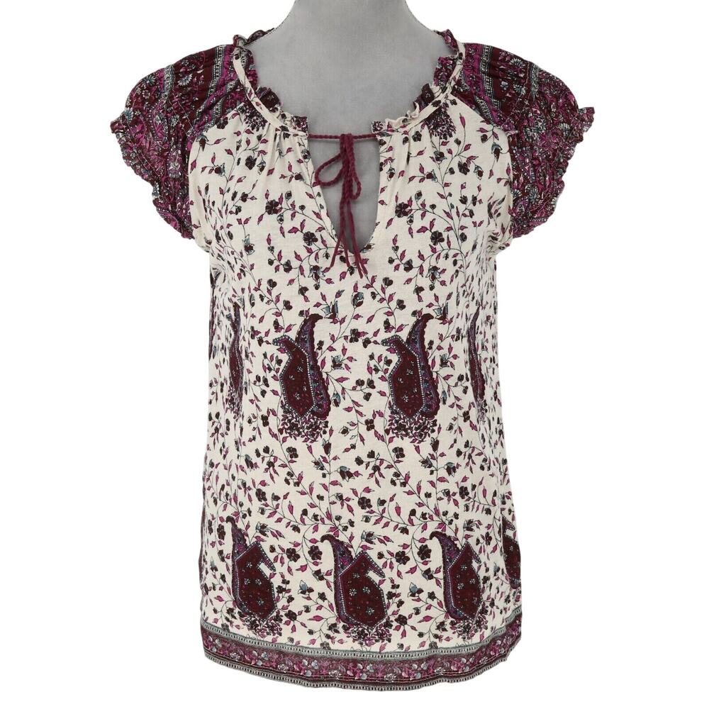 Lucky Brand Top Womens Small Ivory Pink Floral Paisley Keyhole Tie Neck Boho